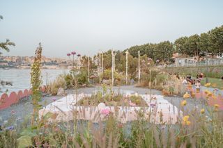 overview of Studio Ossidiana's floating garden in full bloom