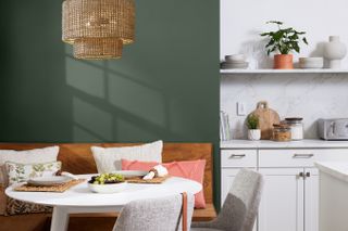 a photo of a kitchen with a hunter green accent wall