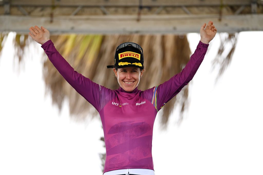 GEELONG AUSTRALIA JANUARY 28 Amanda Spratt of Australia and Team Trek Segafredo celebrates at podium as Pink UCI Womens WorldTour Leader Jersey during the 7th Cadel Evans Great Ocean Road Race 2023 Womens Elite a 1408km one day race from Geelong to Geelong CadelRoadRace UCIWWT on January 28 2023 in Geelong Australia Photo by Tim de WaeleGetty Images