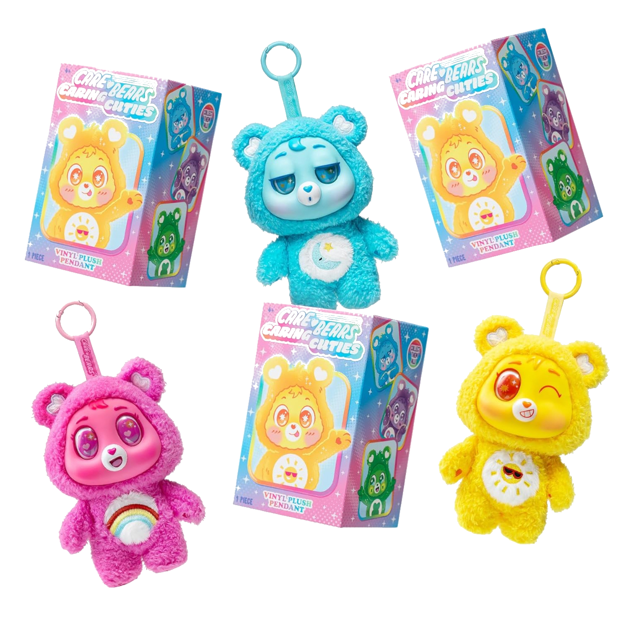 Carebears Caring Cuties and boxes on a plain background