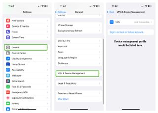 Steps to view iOS device management profile. Settings > General > VPN & Device Management