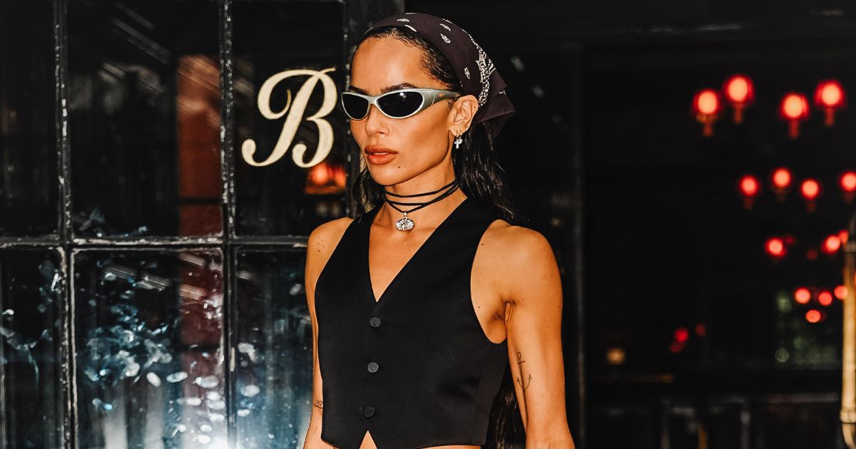 zoe kravitz in new york wearing a black waistcoat and a diamond necklace