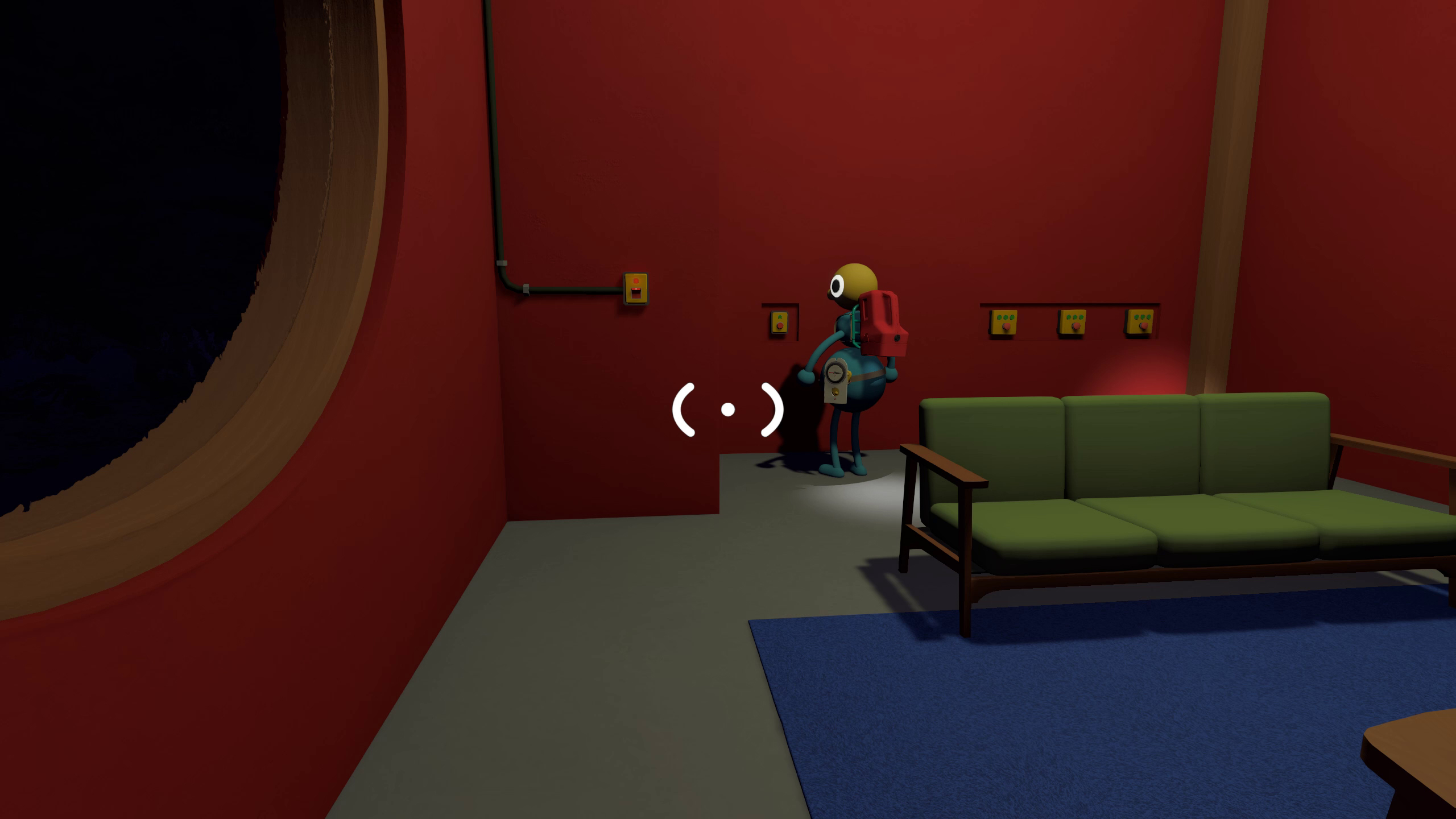 A player looking at a button on the wall