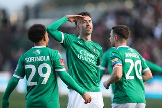 PLYMOUTH, ENGLAND - FEBRUARY 9: Ryan Hardie of Plymouth Argyle celebrates their first goal during the Emirates FA Cup Fourth Round match between Plymouth Argyle and Liverpool at Home Park on February 9, 2025 in Plymouth, England. (Photo by Charlotte Wilson/Offside/Offside via Getty Images)