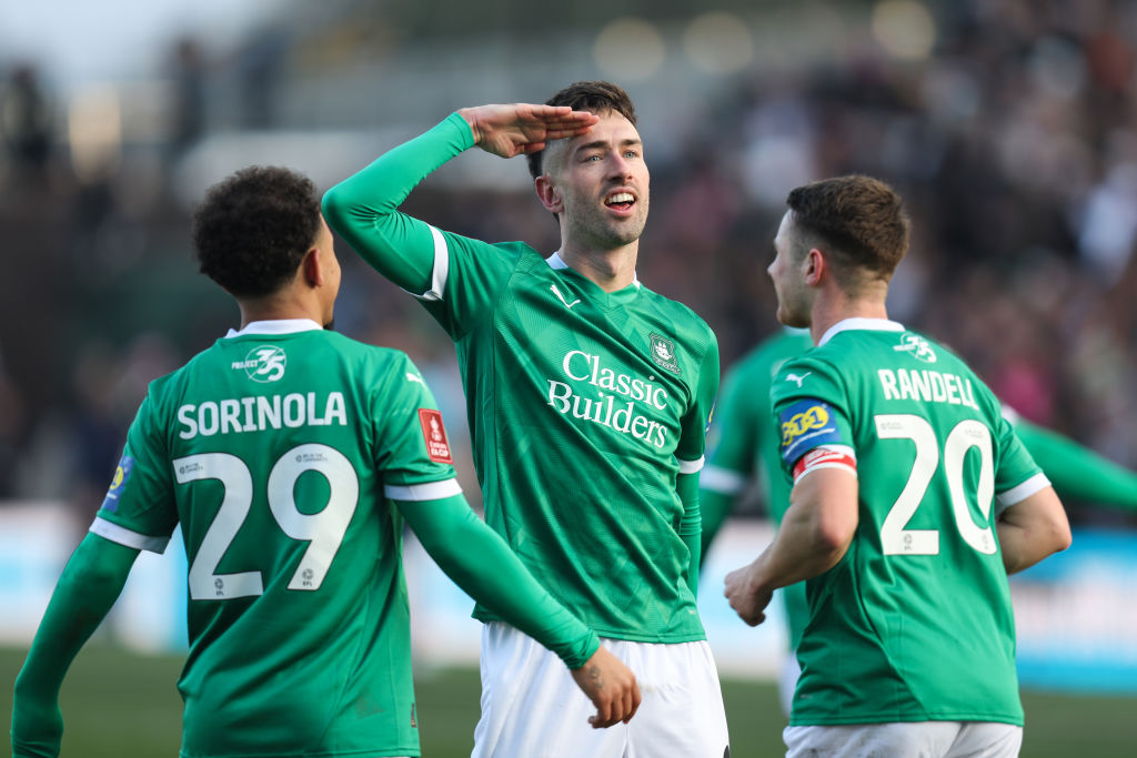 PLYMOUTH, ENGLAND - FEBRUARY 9: Ryan Hardie of Plymouth Argyle celebrates their first goal during the Emirates FA Cup Fourth Round match between Plymouth Argyle and Liverpool at Home Park on February 9, 2025 in Plymouth, England. (Photo by Charlotte Wilson/Offside/Offside via Getty Images)