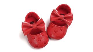 Red baby shoes with love hearts and bows