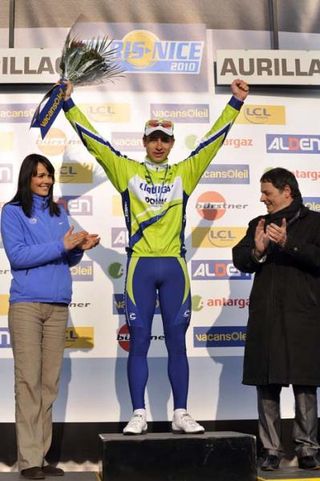 Peter Sagan (Liquigas Doimo) on the podium after winning Paris-Nice stage 3.