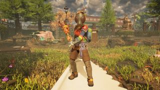 Grounded 2 tips: A character wearing a gas mask holding a club standing on a plastic fork overlooking Brookhollow Park.