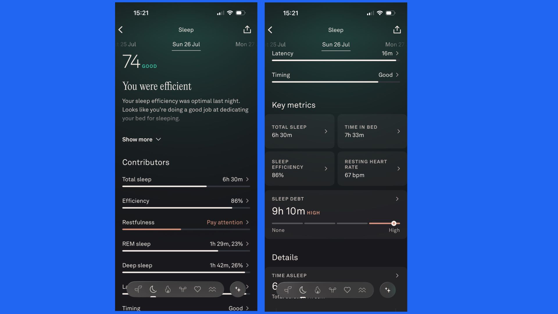 A screenshot of the Oura app displaying sleep tracking metrics.