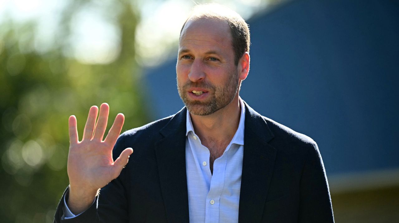 Britain&#039;s Prince William, Prince of Wales, waves upon his arrival to visit to Birtley Community Pool to celebrate its reopening and highlight the importance of access to swimming on October 3, 2024 in Birtley, Tyne and Wear, United Kingdom.