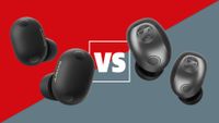 A black pair of Sennheiser Momentum True Wireless 5 and black pair of Sony WF-1000XM6 wireless earbuds on a red and grey background with a white versus sign between them.