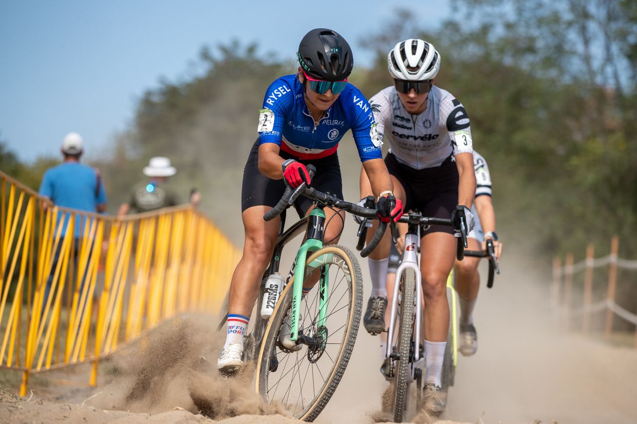 Hélène Clauzel (Van Rysel Racing Team) in the lead on dry, dusty course at GO Cross 2024 Day 2's C2 contest by Bruce Buckley.jpg