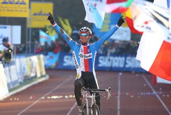 Zdenek Stybar (Czech Republic) celebrates winning the men's cyclo-cross world championship