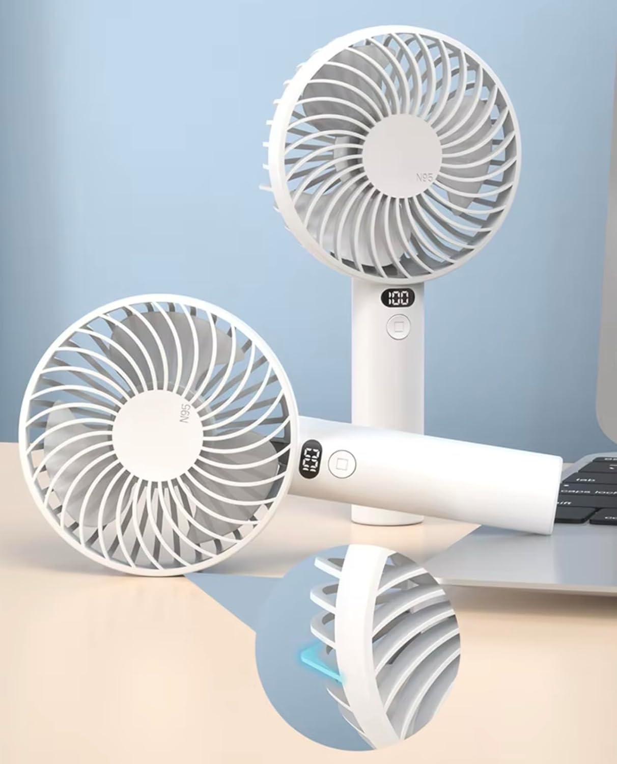 Portable Usb Rechargeable Handheld Fan, 3 Wind Speeds, Led Display, Electric Hand Fan for Home Office School Camping Outdoor, Compact and Travel-Friendly, Free Standing Horizontal and Vertical (white)