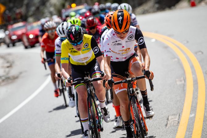 Boels Dolmans' Katie Hall leads her teammate and race leader Anna van der Breggen on stage 3 of the 2019 Tour of California Women's Race