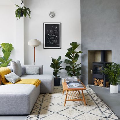 grey and white living room with fireplace, berber rug and wooden coffee table