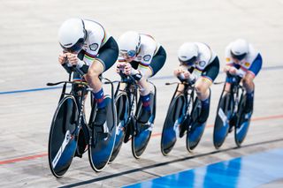 GB riders in the Women’s Team Pursuit Final: Jessica Roberts, Megan Barker, Anna Morris and Josie Knight of Great Britain