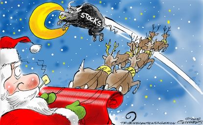 Political Cartoon U.S. Wall Street Bull Santa