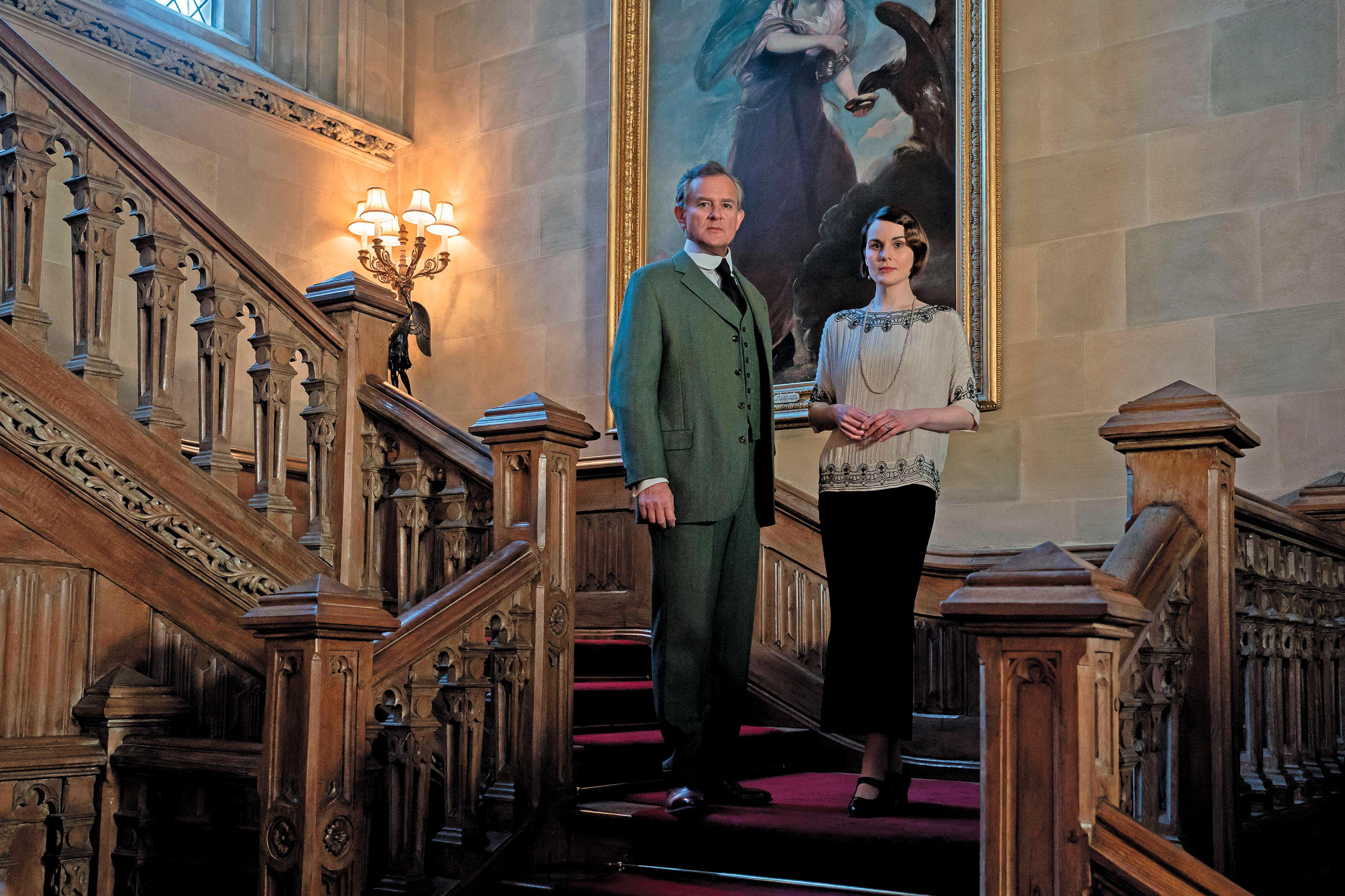 Film still from 'Downton Abbey: A New Era'. Pictured: Hugh Bonneville as Robert Grantham and Michelle Dockery as Lady Mary.