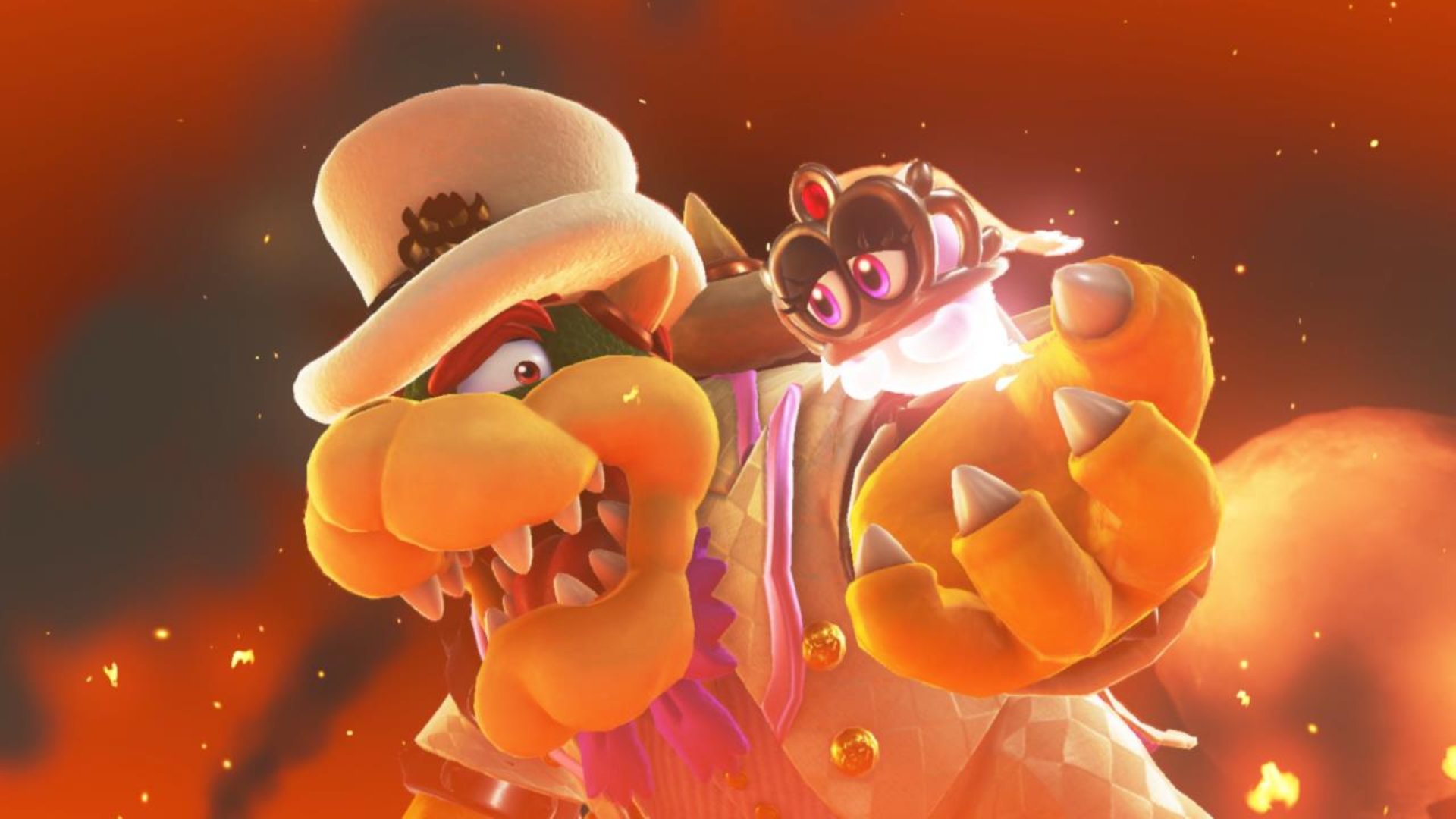 Super Mario Odyssey screenshot of Bowser in a white tophat holden a stolen crown