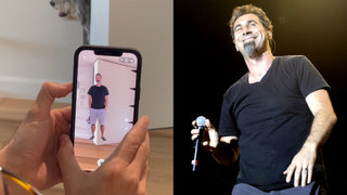 Serj Tankian in phone via AR next to image of Serj Tankian performing
