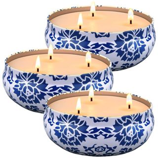 3 white and blue patterned 3 wick citronella candles