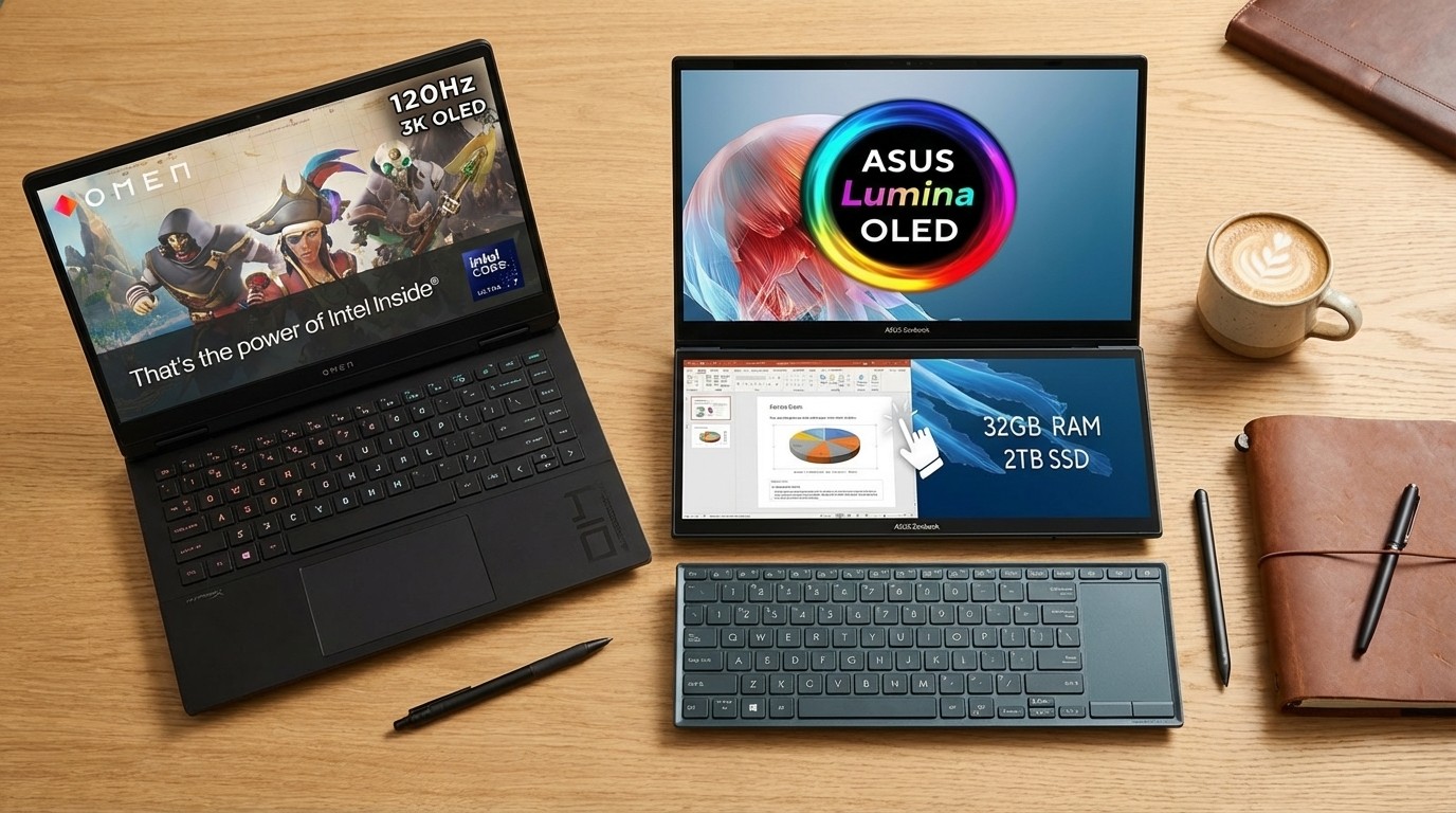 Two laptops on a wooden desktop. 