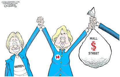 Political cartoon U.S. Hillary Clinton Elizabeth Warren Wall Street support