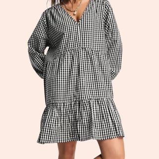 Flat lay image of gingham dress