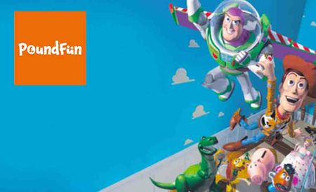 Pound fun logo top left with a picture of the Toy Story toys to the right
