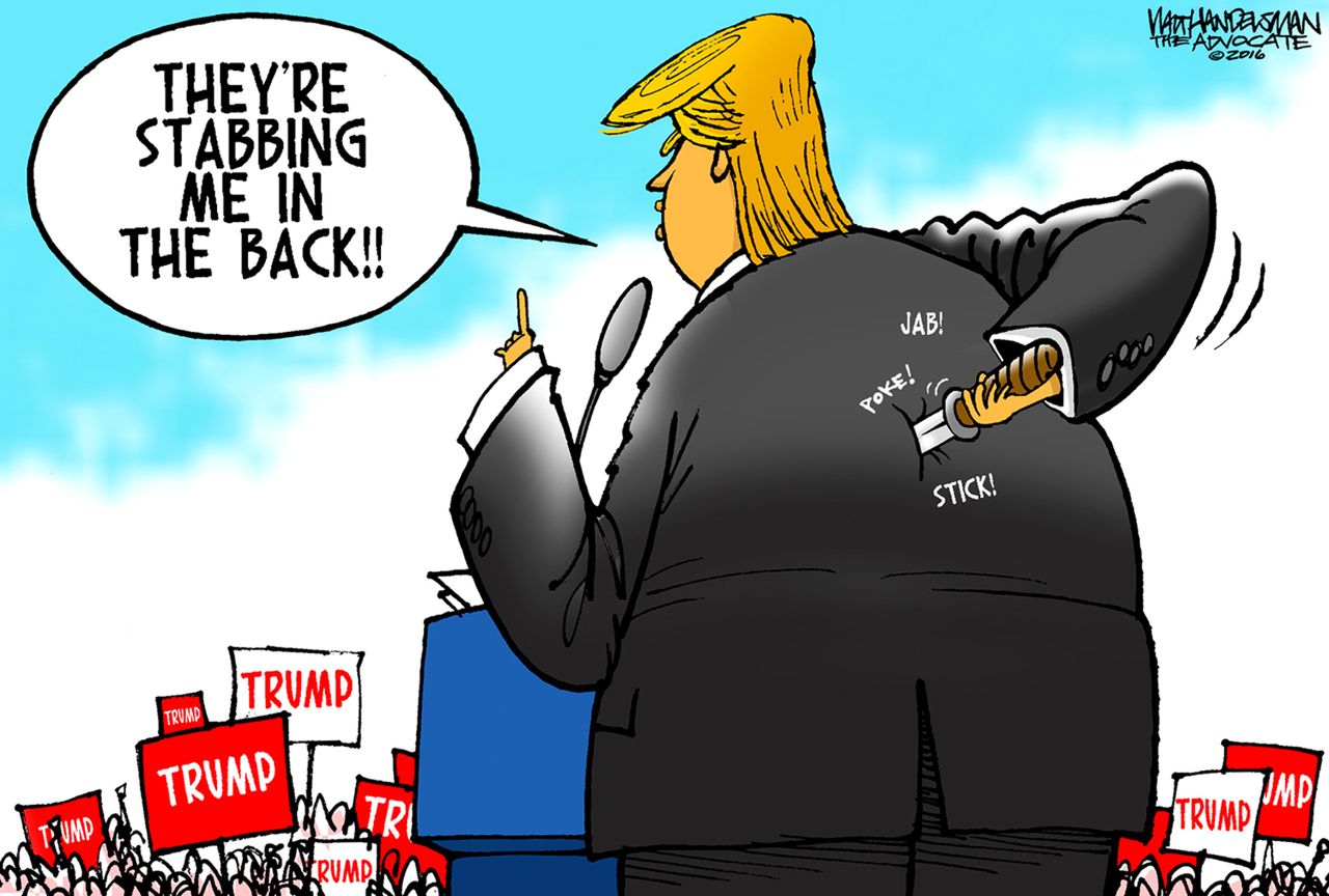 Political cartoon U.S. 2016 election Donald Trump backstabbing