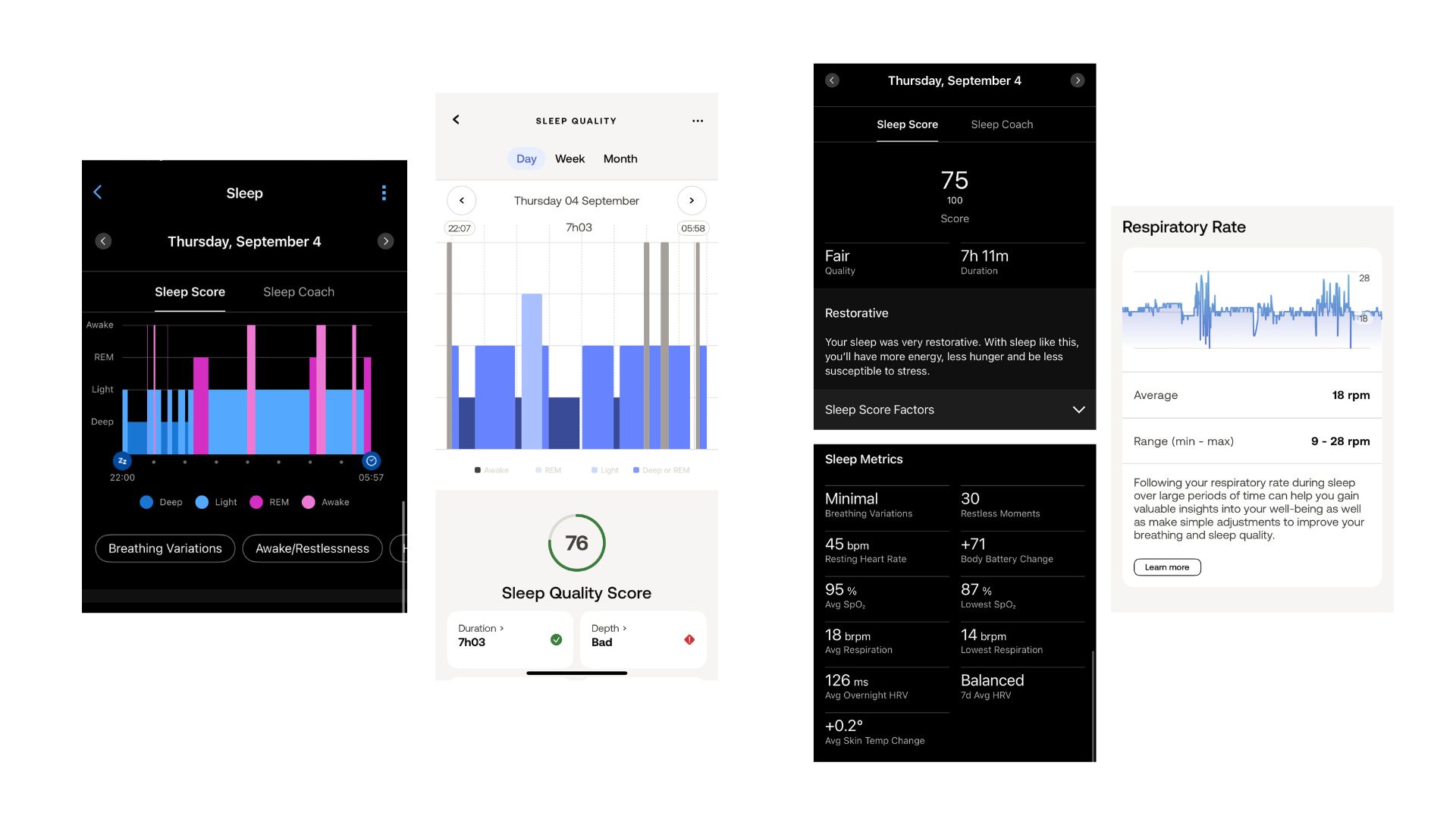 Screenshots of sleep data on the Garmin app