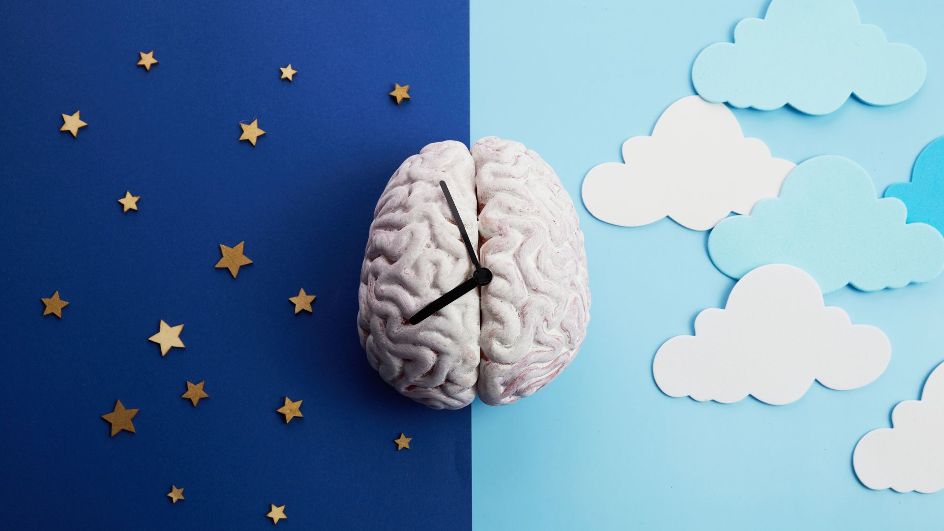 A stock image of a brain as a clock on a background that is half nighttime and half daytime.