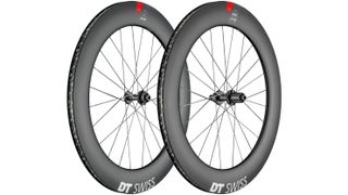 A pair of DT Swiss wheels sit on a white background
