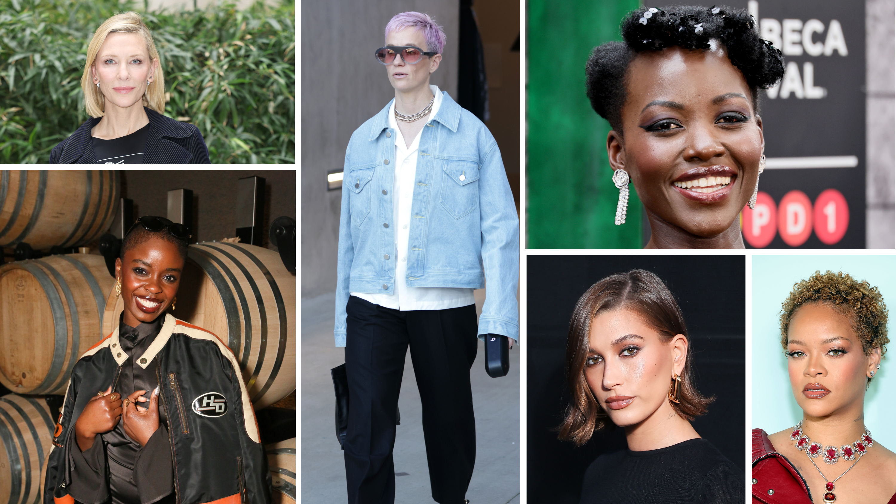 Various celebrities wearing short hairstyles like bobs and pixie cuts.