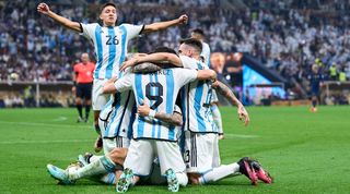 Argentina players celebrate a goal against France in the World Cup final 2022.