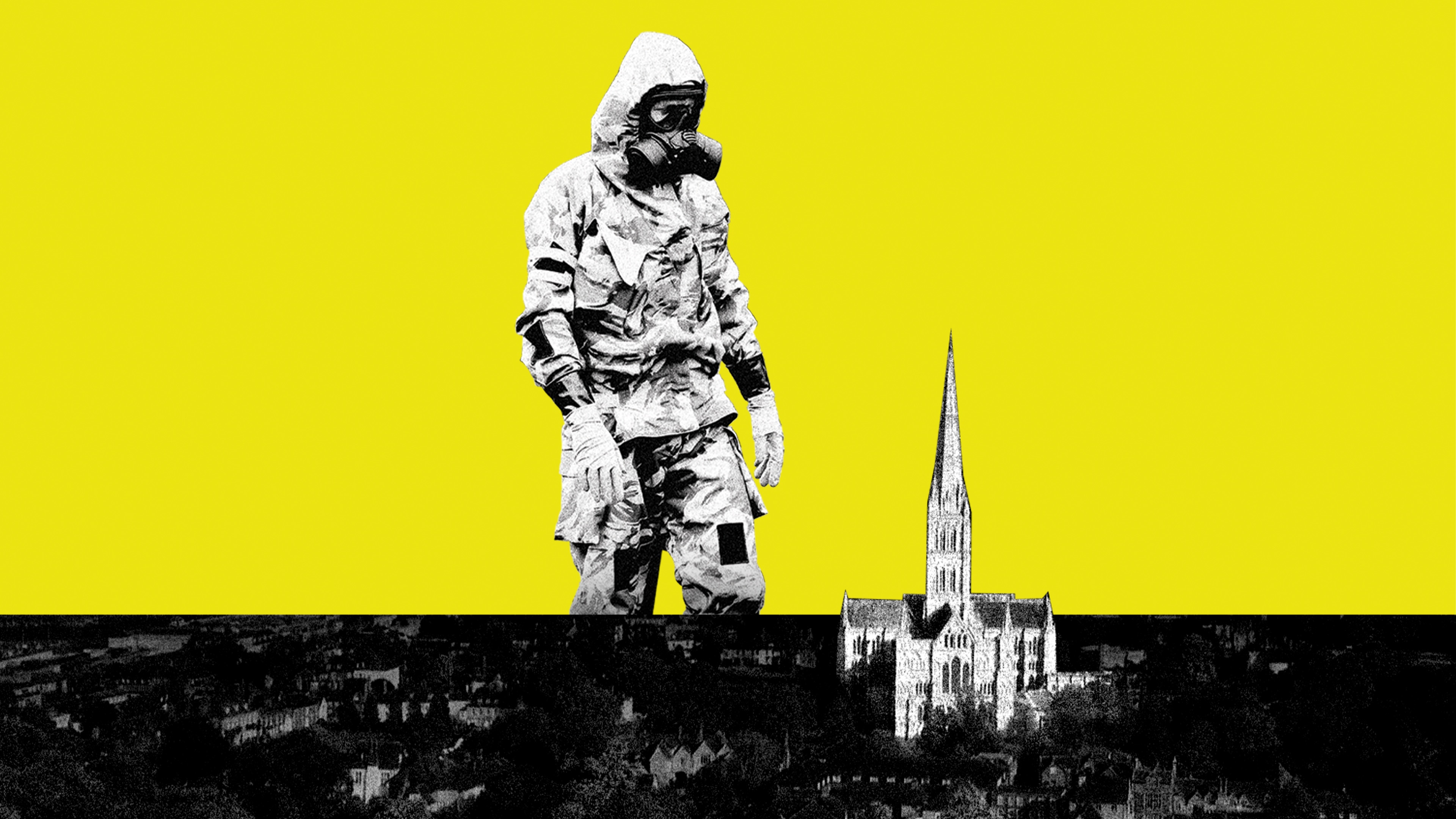 Promotional image showing a man in a hazmat suit against a yellow background ahead of TV docuseries Salisbury Poisonings: The Untold Story 2026