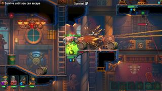 A flanker shooting a dieselbot with a shotgun in SteamWorld Heist 2.