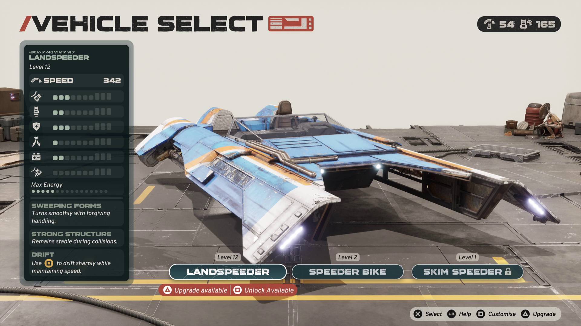 Star Wars Galactic Racer upgraded landspeeder in vehicle select menu