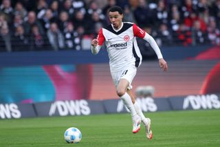 Hugo Ekitike of Eintracht Frankfurt controls the ball during the Bundesliga match between Eintracht Frankfurt and VfL Wolfsburg at Deutsche Bank Park on February 02, 2025 in Frankfurt am Main, Germany.