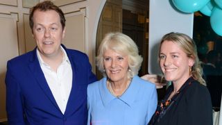 Tom Parker Bowles, Camilla, Duchess of Cornwall and Laura Lopes attend the launch of the "Fortnum & Mason Christmas & Other Winter Feasts" cookbook
