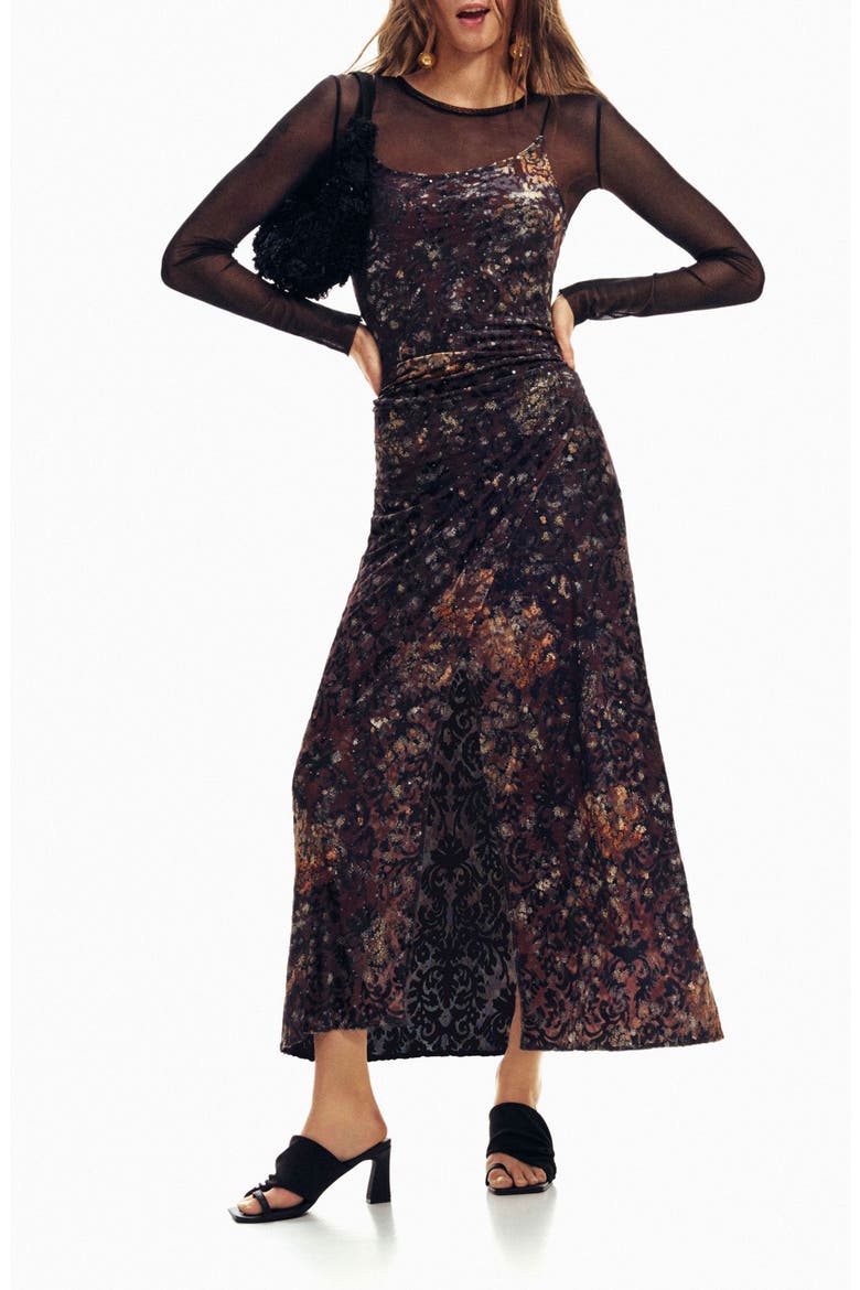 Metallic Mixed Print Long Sleeve Dress