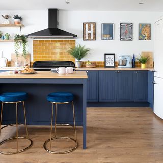 white wall kitchen with dark blue cabinets