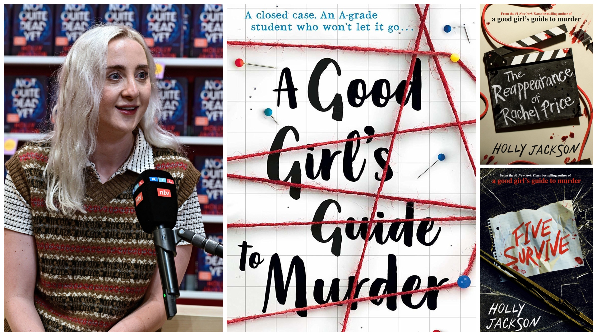 an image of author holly jackson speaking at a book event opposite a collage of her book covers for a good girls guide to murder and more