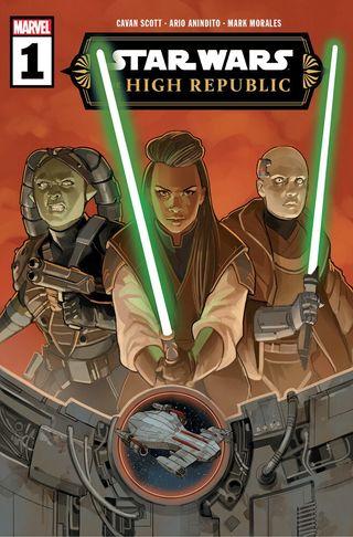 cover of a comic book showing two people wielding green light sabers while a third, a green-skinned humanoid alien, grimaces to the left.