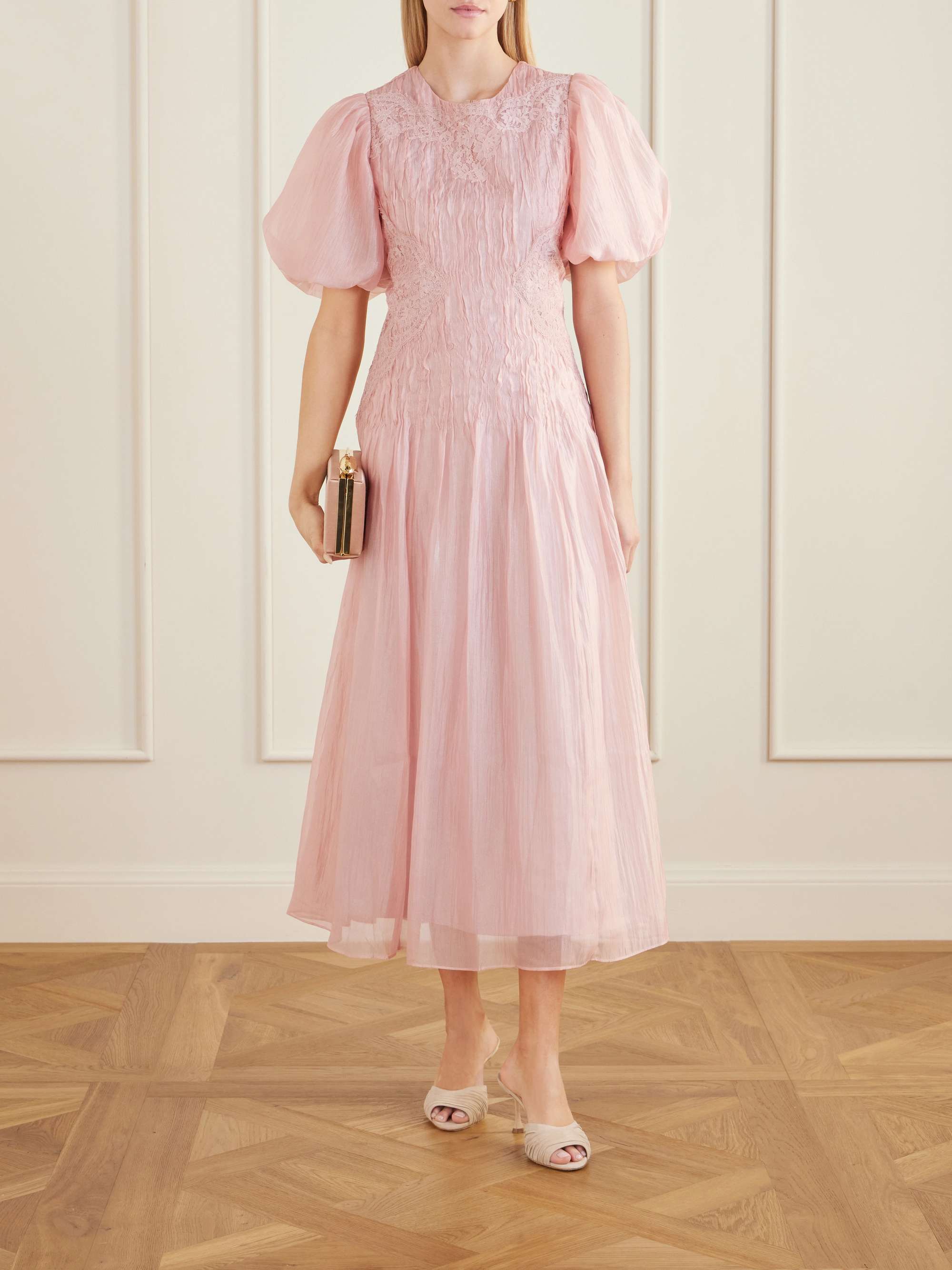 Ophelia Lace-Trimmed Crinkled-Satin Midi Dress
