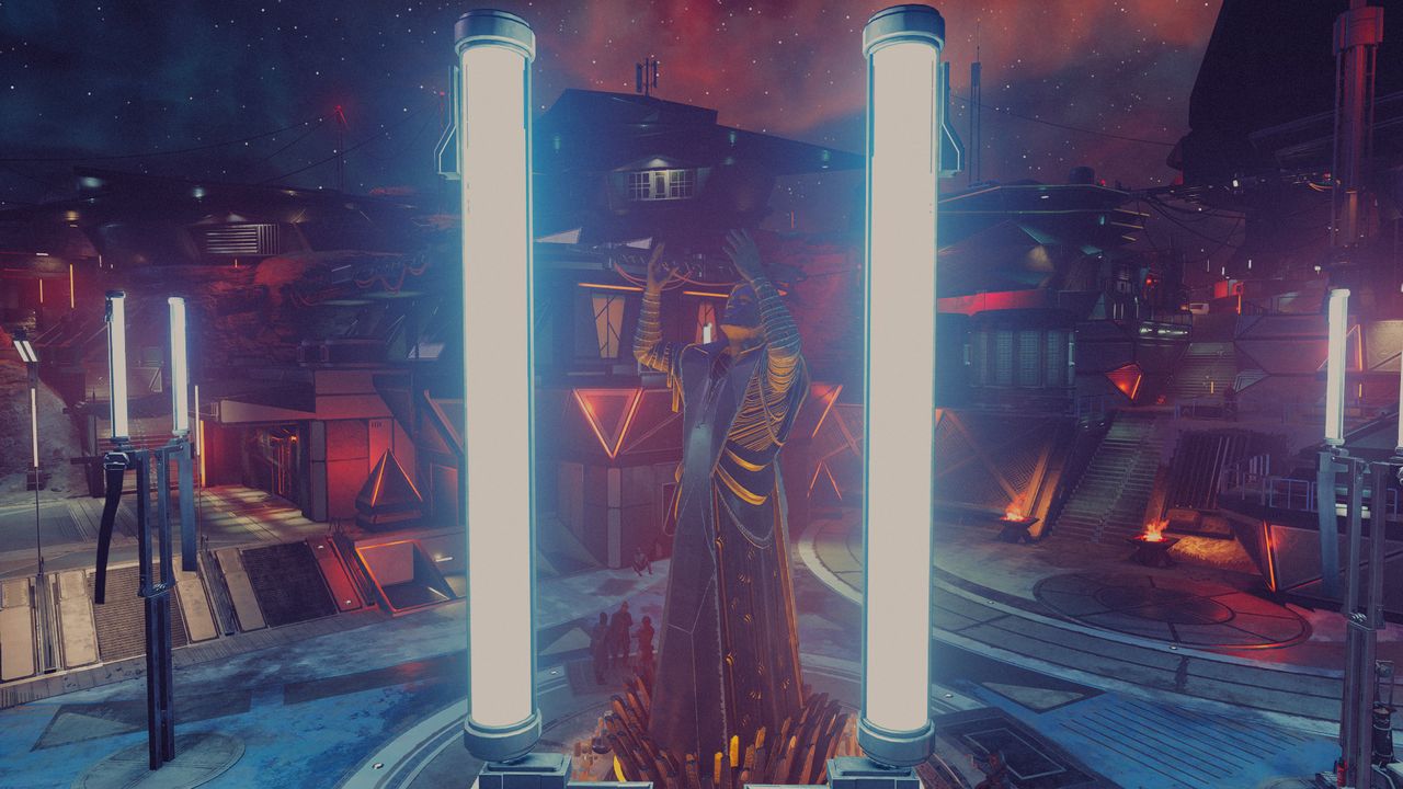 A statue next to some sci-fi lamps