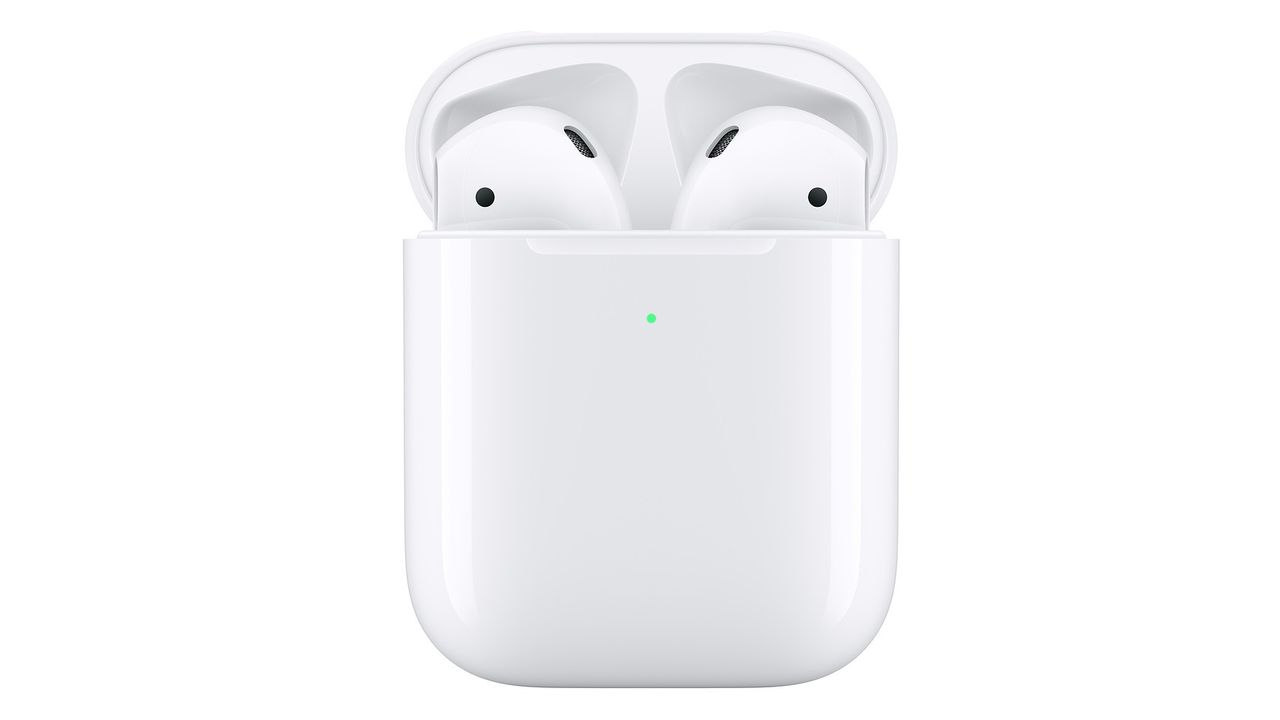 The Apple AirPods (2019) in their open charging case on a white background.