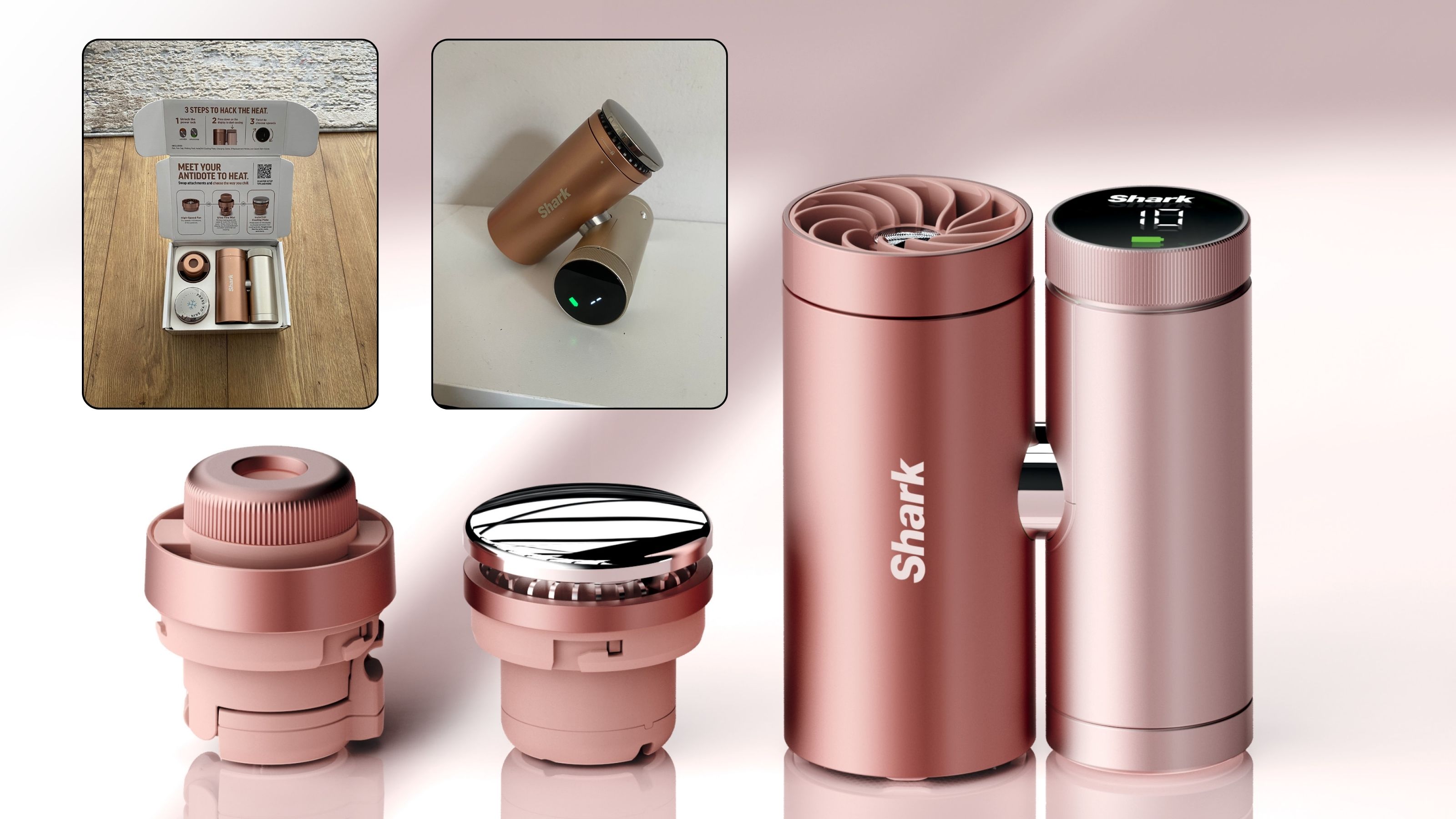 Cut out of the Shark ChillPill and head attachments on a luxe pink background, with overlaid pictures of the ChillPill being tested in a real home