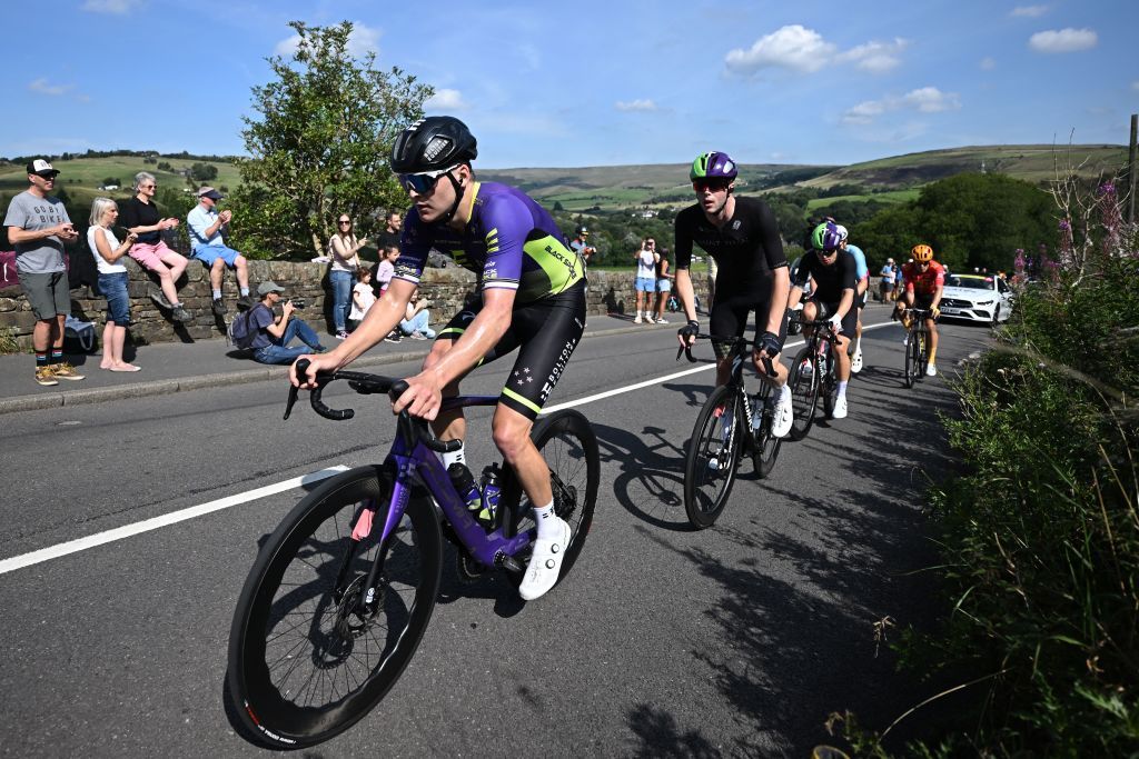 James Fouch&eacute; (Bolton Equities Black Spokes) leads the breakaway on the first climb of the day Grains Bar